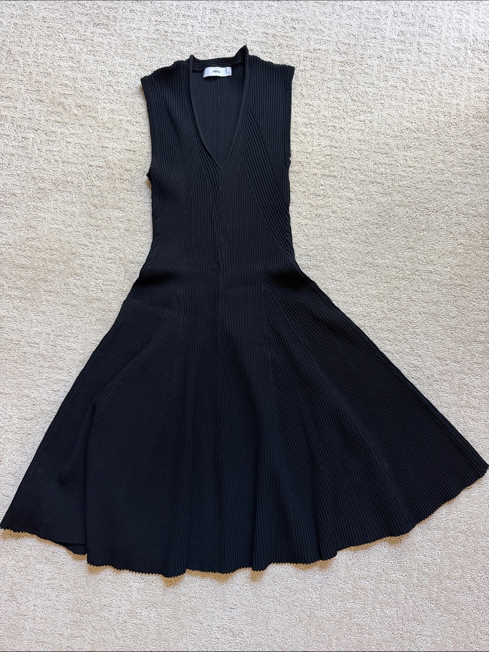 Mango Black Ribbed V-Neck Midi Dress